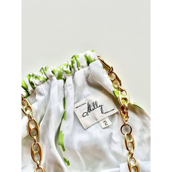 MILLY White Green Geometric Print Silk Twill Chain Halter Sheath Dress, Size 2 - Picture 11 of 14